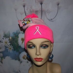 Breast Cancer Hat Embroidered Dark Pink Insulated Pom Pom Winter Hat